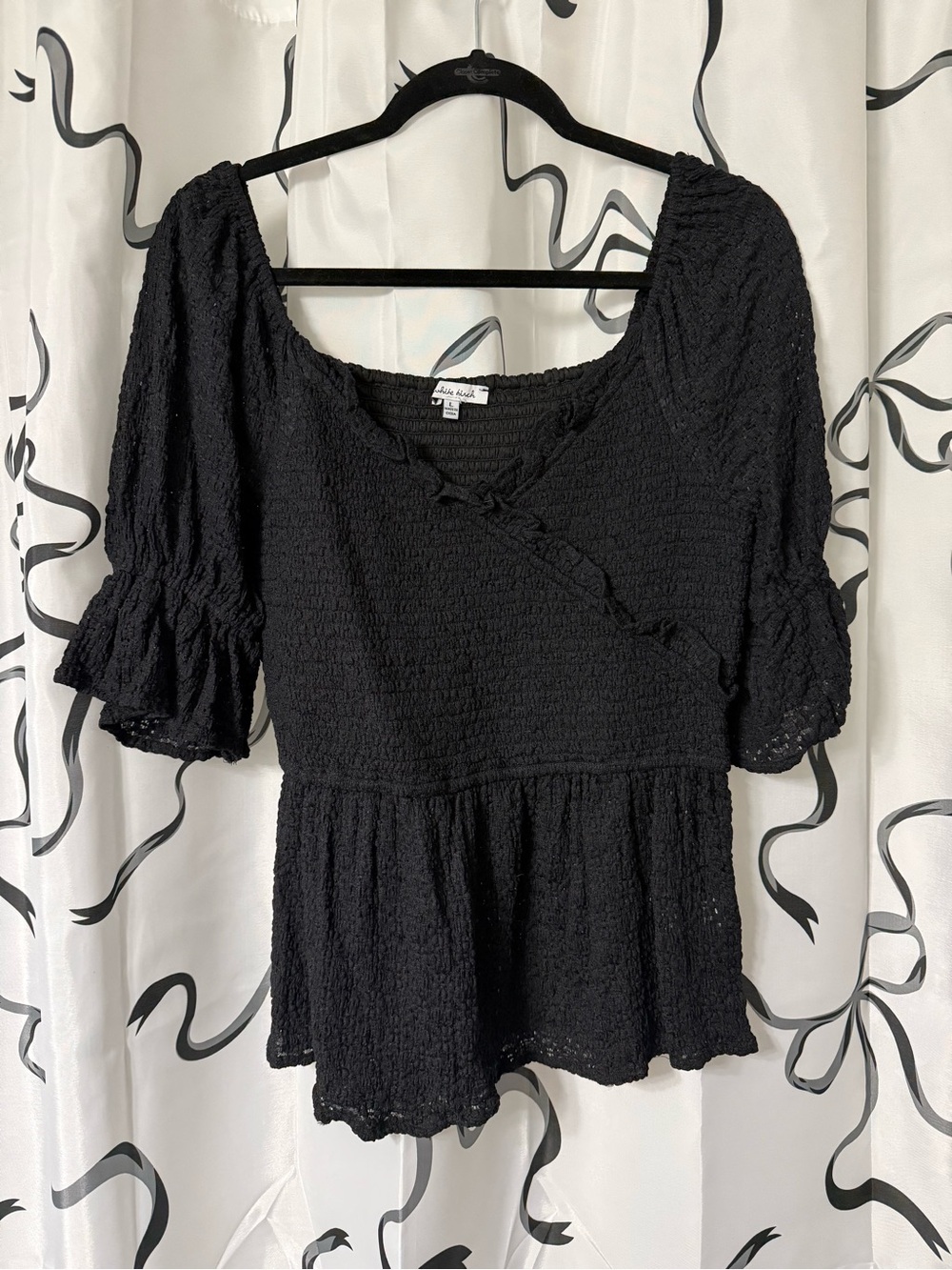 Smocked Black Peplum Blouse with Ruffle Trim, Large
